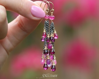 Pendientes de borla con piedras preciosas rosas: zafiro, turmalina, granate, chapado en oro y plata oxidada.