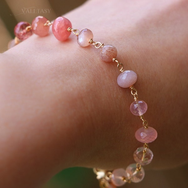 Peach Gemstone Bracelet Bracelet Delicate Pink Bracelet Rose Quartz Bracelet Multi Gemstone Bracelet Wire Wrapped Stone Beige SOLID GOLD 14K