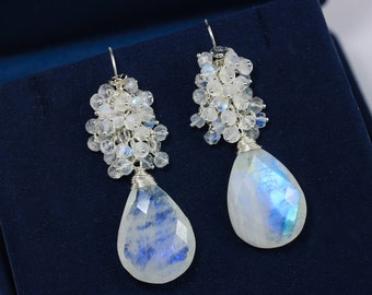 Rainbow Moonstone Earrings Moonstone Cluster Earrings Blue Flash Moonstone Dangle Earrings Silver Earrings Moonstone White Gemstone Earrings