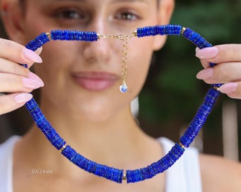 Lapis lazuli-kralenketting, 14K gold filled, maansteendruppel