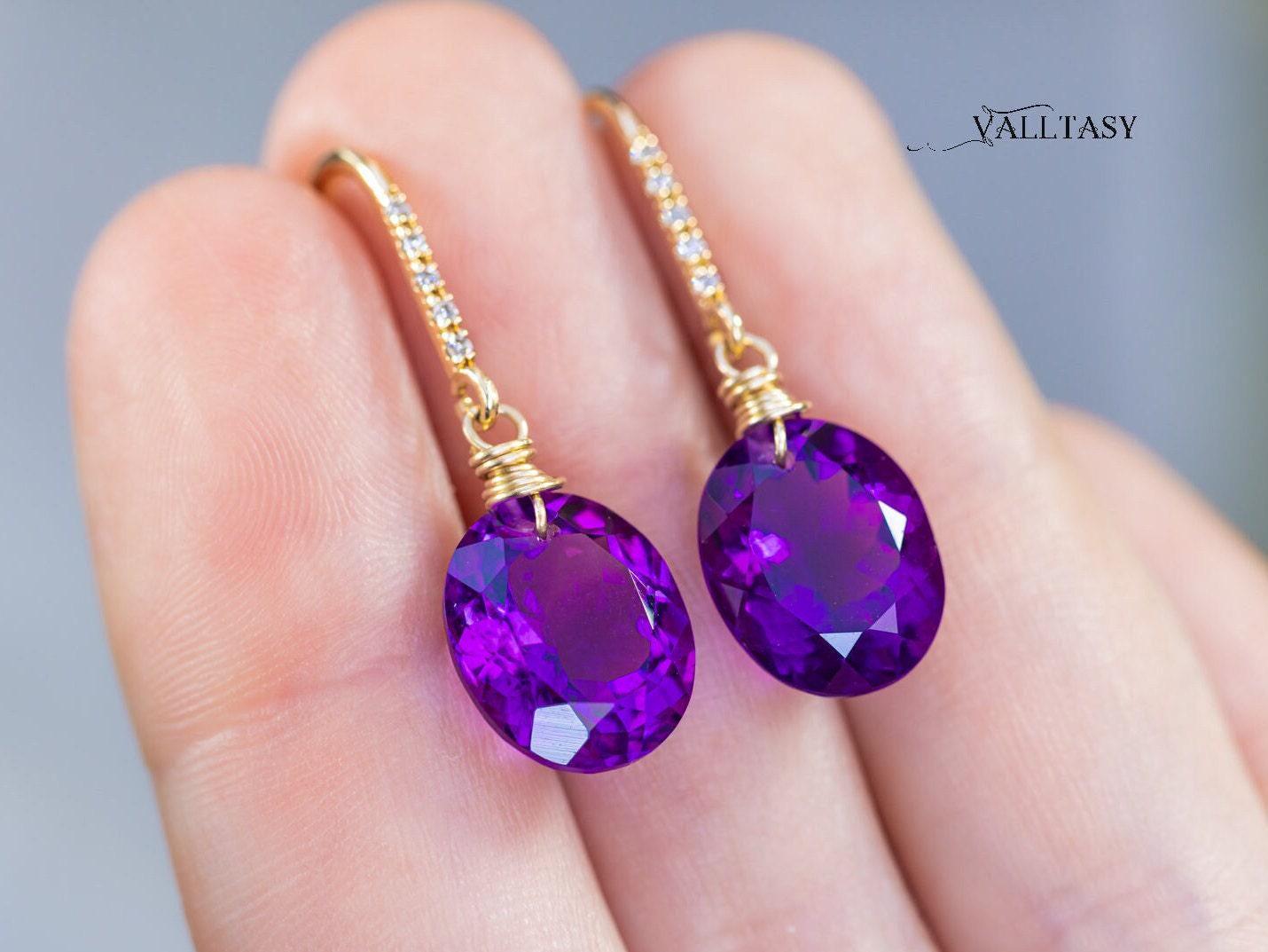 14K Solid Gold Amethyst Diamond Earrings, February Birthstone - Etsy