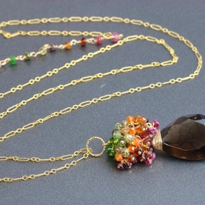 Smoky Quartz Pendant Gemstone Long Necklace Gold Filled, Gemstone Statement Necklace, Gemstone Large Briolette Pendant Fall Autumn Necklace image 2