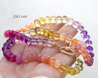 14K Solid Gold Rainbow Gemstone Necklace, Silk Knotted