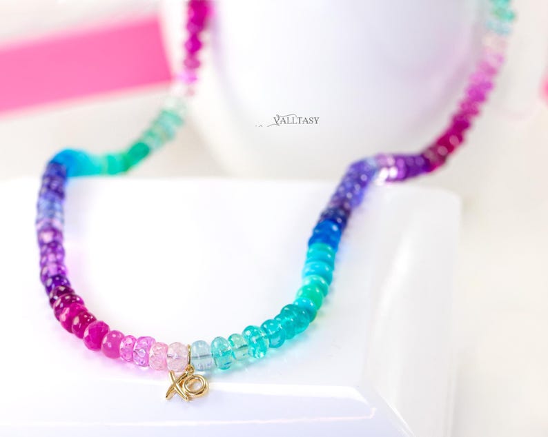Multi Gemstone Beaded Necklace, 14K Gold XO Charm image 6