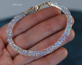 14K Solid Gold Rainbow Moonstone Heishi Bead Bracelet
