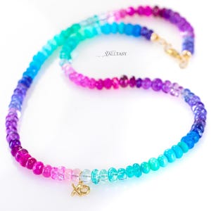 Multi Gemstone Beaded Necklace, 14K Gold XO Charm image 1