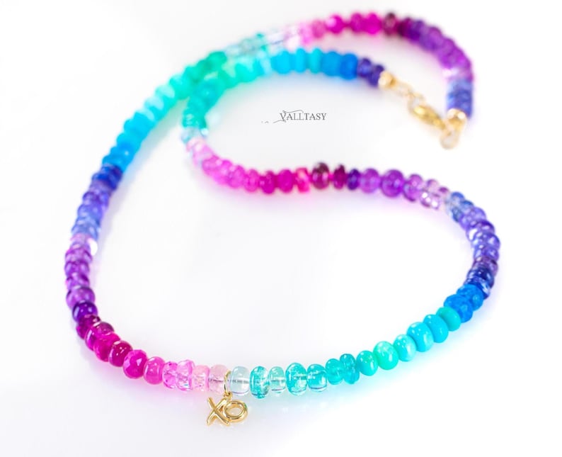 Multi Gemstone Beaded Necklace, 14K Gold XO Charm image 1