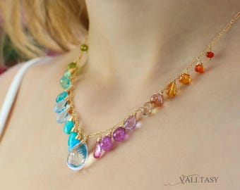 Rainbow Gemstone Drop Necklace, 14K Gold Filled, Multi-Gem Statement