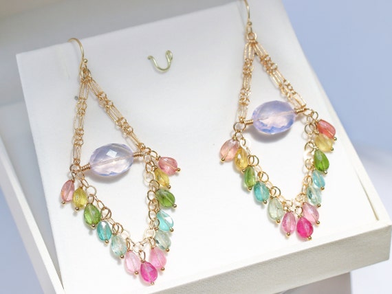 Bi-Color Tourmaline,Gemstone Earring,Watermelon Earring,Dual Color Earring,dangle Drop Earring,Cluster Earring,Bridsmaids Earring,Boho,Gift