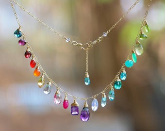 Rainbow Gemstone Necklace: 14K Gold Filled, Colorful Statement Jewelry