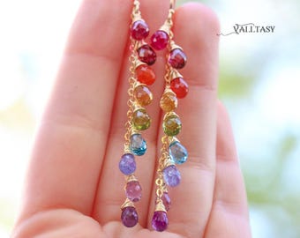 14K Solid Gold Rainbow Gemstone Drop Earrings