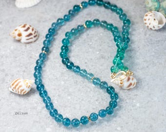 14K Solid Gold Fluorit Halskette, Teal Blue Green Edelstein Strang
