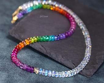14K Solid Gold Rainbow Gemstone Necklace, Moonstone Beaded Choker