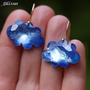 Cloud Earrings, Blue Gemstone Earrings 14K Blue Everyday Earrings Carved Stones Unique Fine Jewelry Design Earrings SOLID GOLD 14K Valltasy