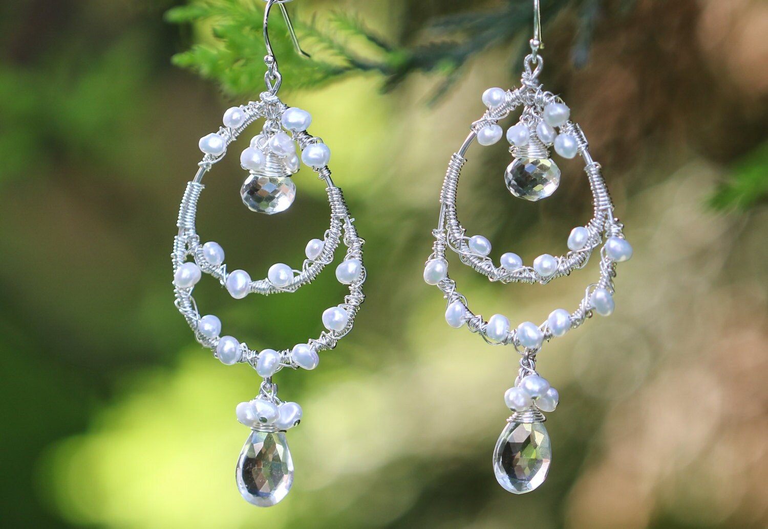 Silver Pearl Earrings Chandelier Earring Wire Wrapped Etsy