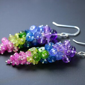 Sterling Silber Multi Edelstein Cluster Ohrringe, Regenbogen Kaskade