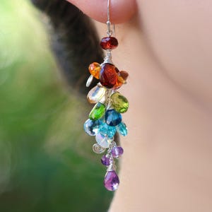 Rainbow Gemstone Earrings, Sterling Silver Cascade (Long Cluster Dangles)