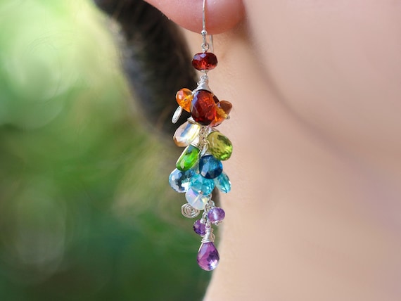 Rainbow Gemstone Earrings, Sterling Silver Cascade (Long Cluster Dangles)