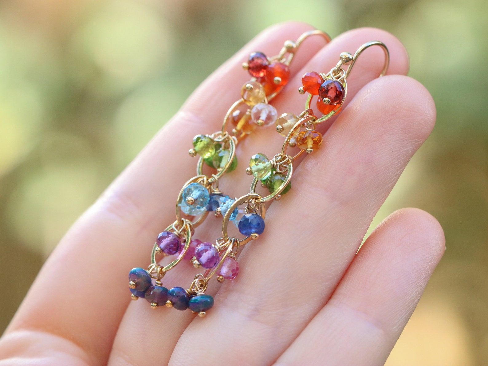 Rainbow Earrings Colorful Rainbow Gemstone Earrings Gold Chain Earrings ...