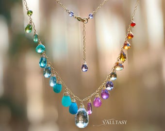 Rainbow Gemstone Drop Necklace: 14K Gold Filled, Multi Gem Statement