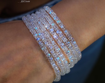 14K Solid Gold Rainbow Moonstone Heishi Bracelet, Multi Wrap Necklace