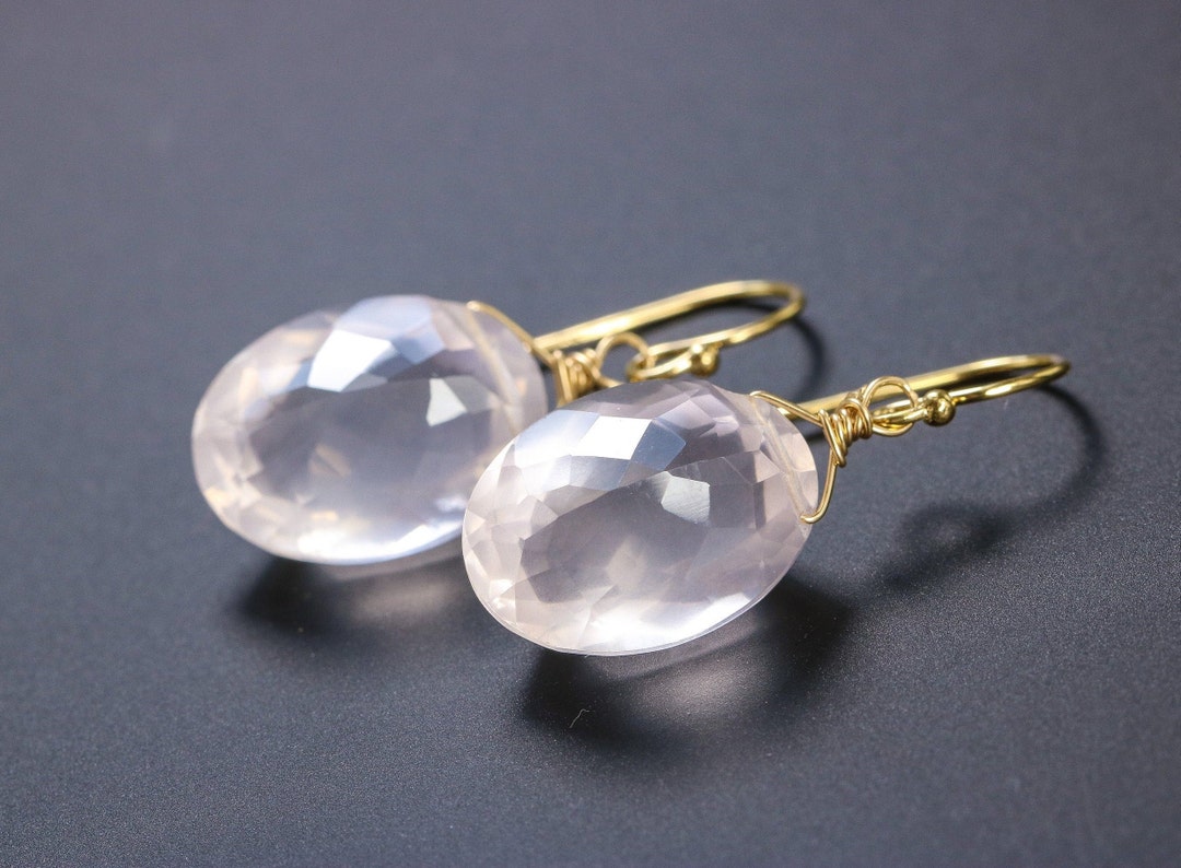 Rose Quartz Earrings, Gemstone Earrings Gift for Her Gold 14K Light Pink Gemstone Earrings ...