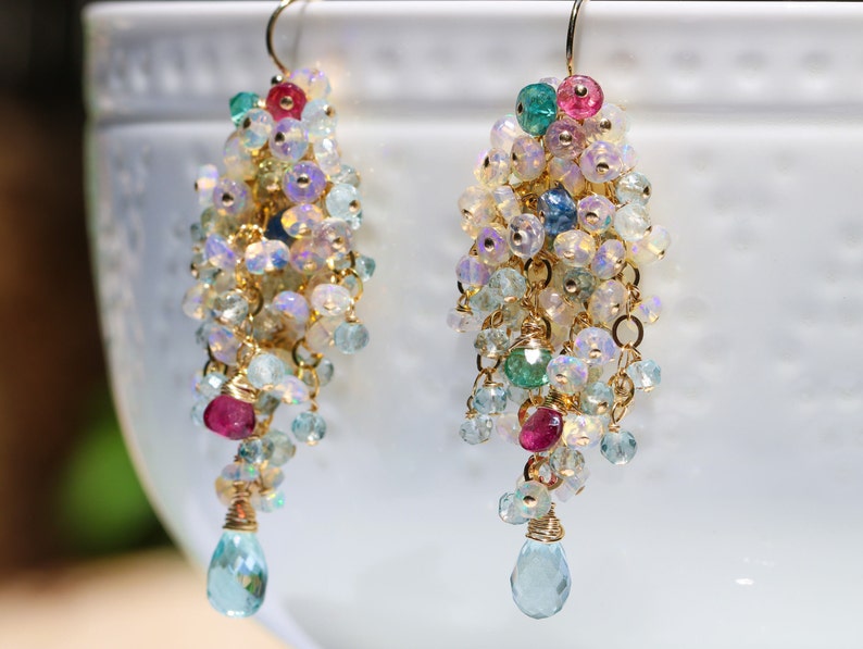 Ethiopian Opal Earrings Aquamarine Welo Opal Cluster Earrings Opal Tourmaline Earrings Statement Earrings Gemstone Earrings Gold Lux Earring image 3