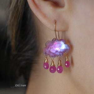 Pink Sapphire Earrings, Pink Amethyst Cloud Earrings 14K Pink Sapphire Dangles, Unique Earrings Fine Jewelry Earring SOLID GOLD 14K Valltasy