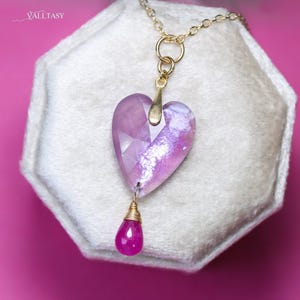Heart Pendant: Pink Amethyst and Ruby - 14K Solid Gold