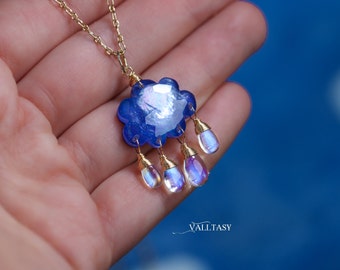 Rainbow Moonstone Pendant 14K Moonstone Cloud Pendant 14K Blue Moonstone Charm, Unique Fine Jewelry Design Pendant SOLID GOLD 14K Valltasy