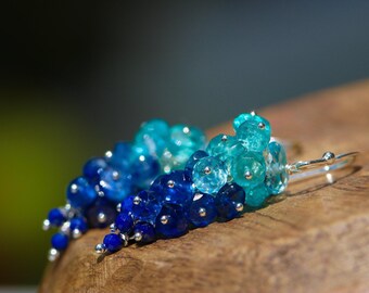 Sterling Silver Gemstone Cluster Earrings, Sky Blue Topaz, Apatite & Kyanite
