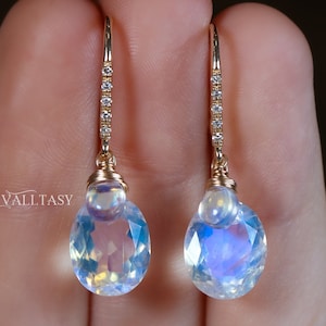 Diamond Rainbow Moonstone Earrings Gold Moonstone Oval Earrings Blue Moonstone Genuine Moonstone 14K Small Diamond Earrings SOLID GOLD 14K