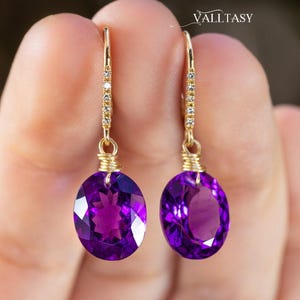 Amethyst Earrings Diamond Earrings 14K Genuine Amethyst Oval Earrings Gold Amethyst Small Earrings Natural Amethyst 14K SOLID GOLD Earrings