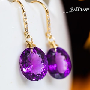 Amethyst Earrings, February Birthstone, 14K Amethyst Oval Earrings, Amethyst Small Earrings Diamond Earrings Natural Amethyst 14K SOLID GOLD