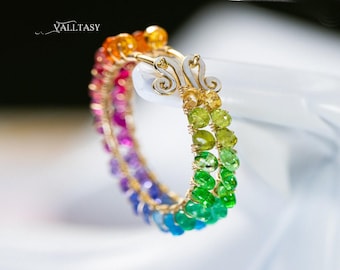 14K Solid Gold Rainbow Gemstone Hoop Earrings
