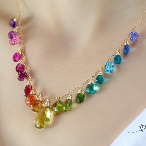 Rainbow Necklace Precious Gemstone Necklace Multi Color Necklace Multi Gemstone Drop Necklace 14K Statement Colorful Necklace SOLID GOLD 14K