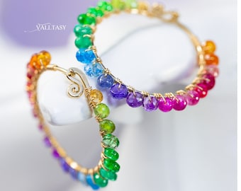 Rainbow Hoop Earrings Rainbow Earrings Gemstone Hoops 14K Multi Gemstone Earrings Multi Stone Hoops Colorful Stone Earrings SOLID GOLD 14K