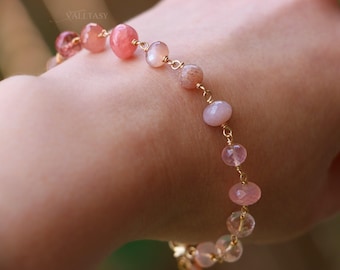 14K Solid Gold Gemstone Bracelet: Rhodochrosite, Moonstone, Morganite