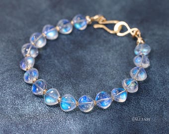 14K Solid Gold Rainbow Moonstone Beaded Bracelet