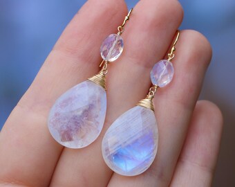 Rainbow Moonstone Earrings Blue Fire Large Moonstone Earrings Gold 14K Blue Rainbow Moonstone Teardrop Earrings Blue Moonstone Drop Earrings