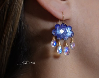 Rainbow Moonstone Earrings, Moonstone Cloud Earrings 14K Blue Moonstone Dangles, Unique Fine Jewelry Design Earrings SOLID GOLD 14K Valltasy