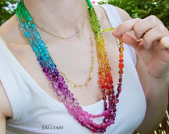 Rainbow Gemstone Necklace: Silk Knotted 14K Gold (Long Fiesta Style)