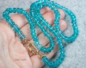Apatite Necklace: 14K Solid Gold, Silk Knotted Caribbean Blue Gemstone