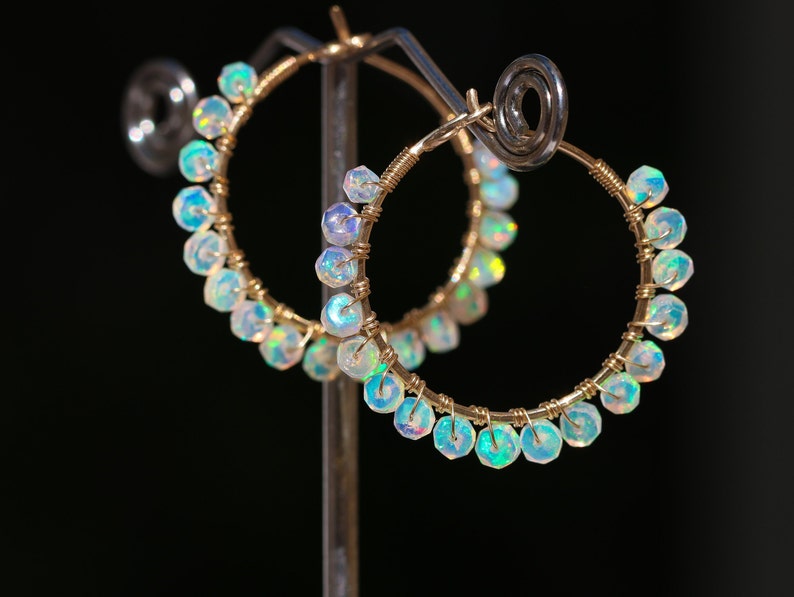 Ethiopian Opal Hoop Earrings Welo Opal Earrings Fire Opal Earrings Opal Small Hoop Earrings Gold Wire Wrapped Opal Hoops Hammered Hoops 14K