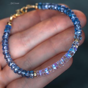 Rainbow Moonstone Bracelet, Blue Moonstone Bracelet 14K Blue Aquamarine Bracelet Dainty Bracelet Moonstone Stacking Bracelet SOLID GOLD 14K