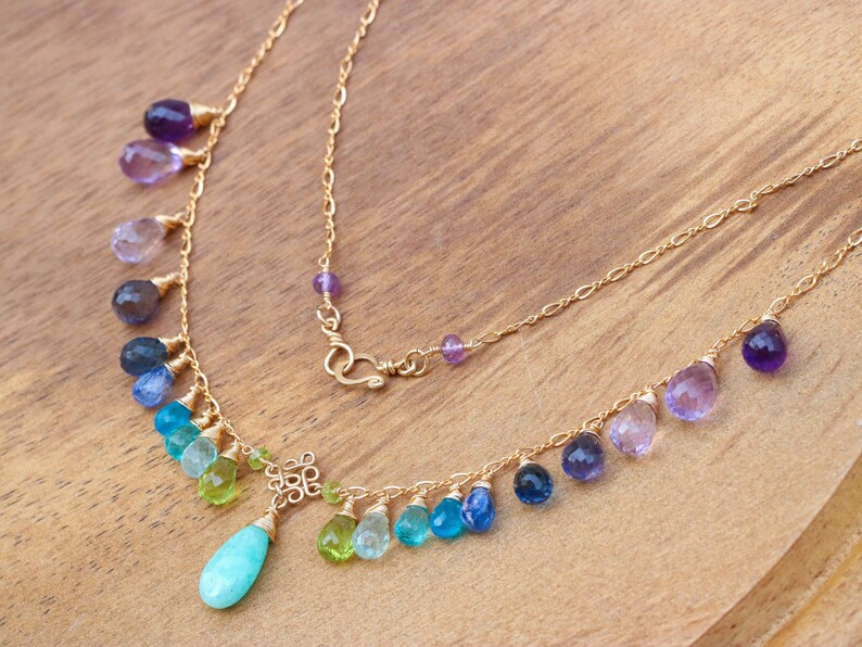 Multi Gemstone Necklace Colorful Drop Necklace Purple Blue Etsy