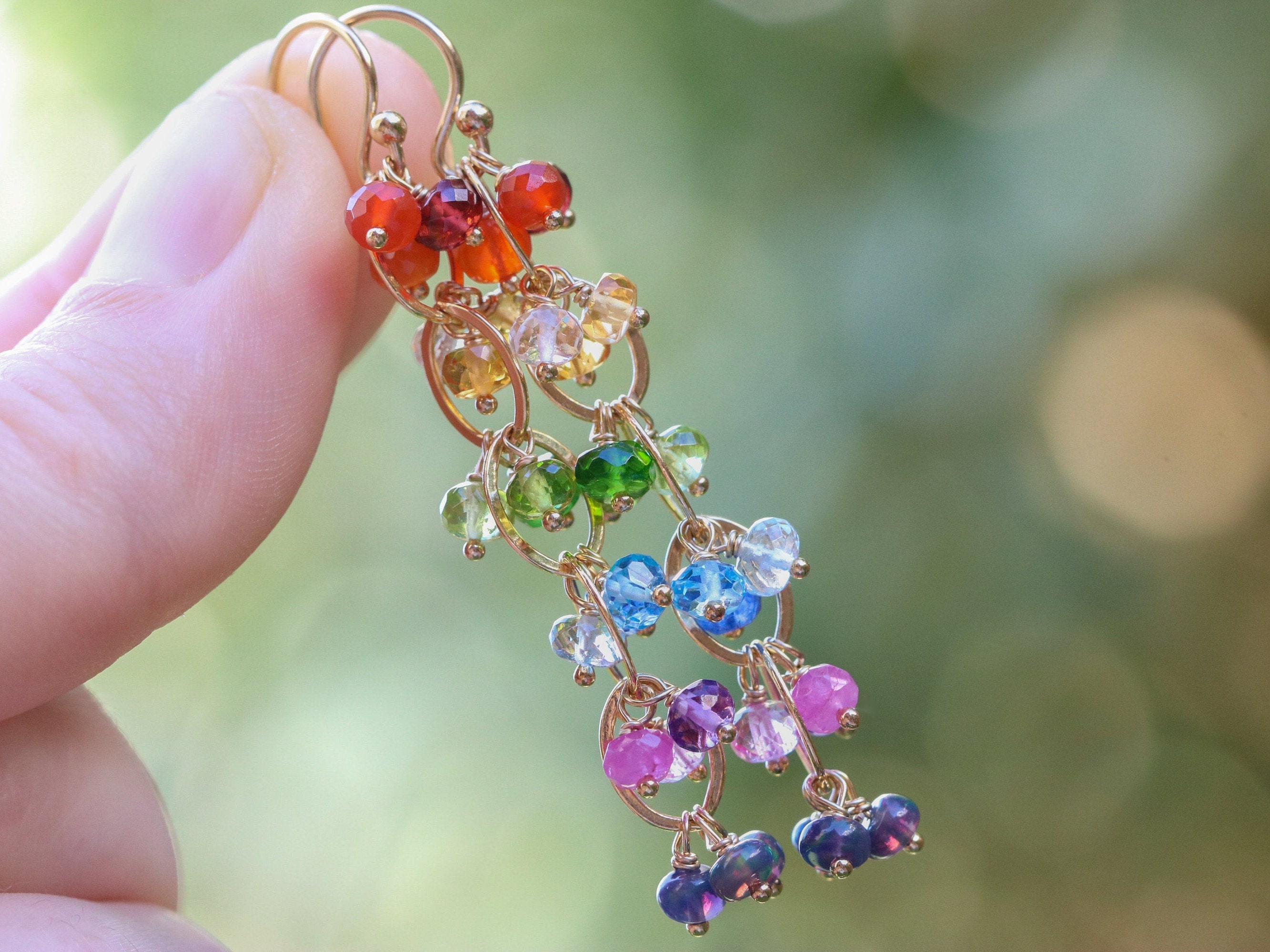 Rainbow Earrings Colorful Rainbow Gemstone Earrings Gold Chain