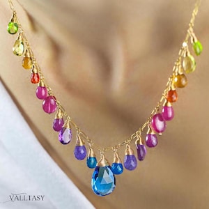 Rainbow Gemstone Necklace Precious Stone Necklace Rainbow Necklace Multi Gemstone Drop Necklace Statement Colorful Rainbow Necklace Gold 14K