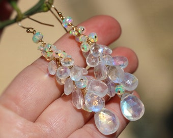 Moonstone Earrings Ethiopian Opal Earrings Rainbow Moonstone Cluster Earrings Welo Opal Earrings Gold Long Statement Earrings Bridal Earring