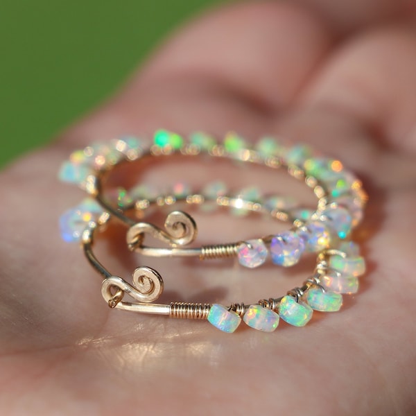 Ethiopian Opal Hoop Earrings Welo Opal Earrings Fire Opal Earrings Opal Small Hoop Earrings Gold Wire Wrapped Opal Hoops Hammered Hoops 14K